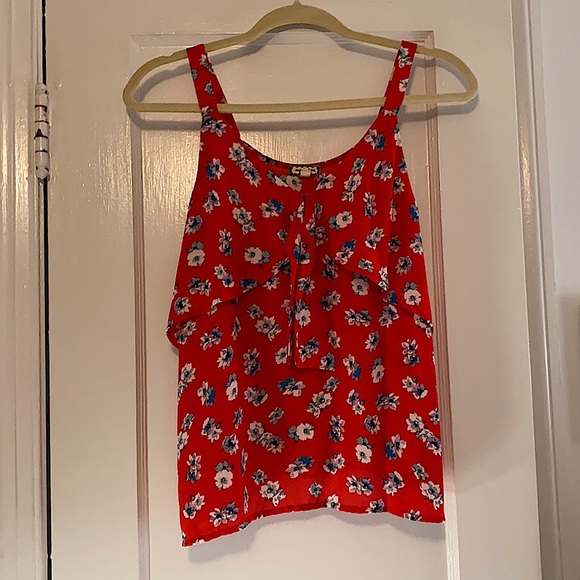 Red floral tank top with ruffle and tie - Picture 1 of 9